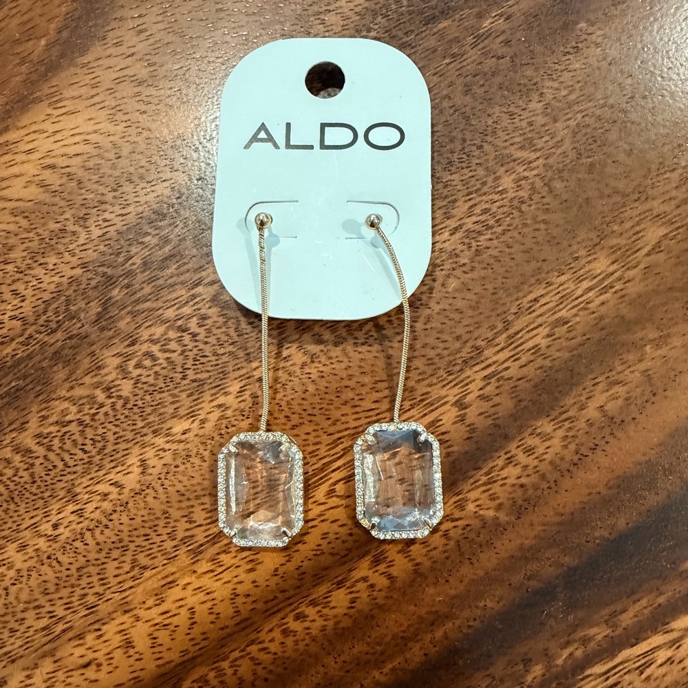 ALDO NWT Gold-Tone Drop Earrings w Clear Crystal Emerald Pendants in Pave Frame - Picture 4 of 6